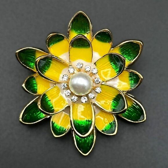 Yellow Gold with Diamond Crystal and Enamel and Pearl Lotus Pin Back Brooch - Picture 1 of 7